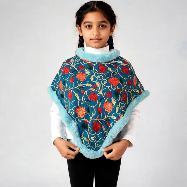 Blue_&_White_Fur_Trim_Floral_Embroidered_Poncho_Set_For_Girls