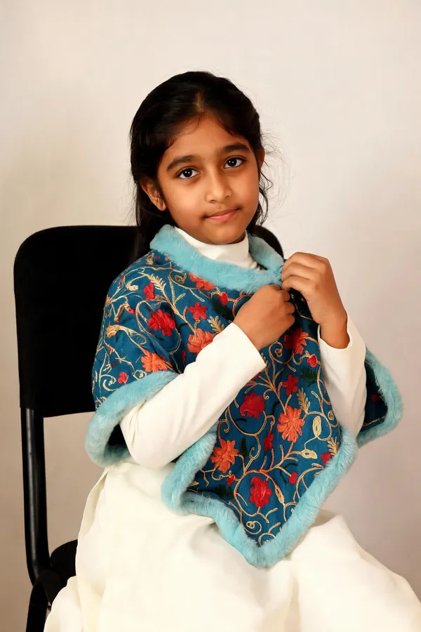 Blue_&_White_Fur_Trim_Floral_Embroidered_Poncho_Set_For_Girls