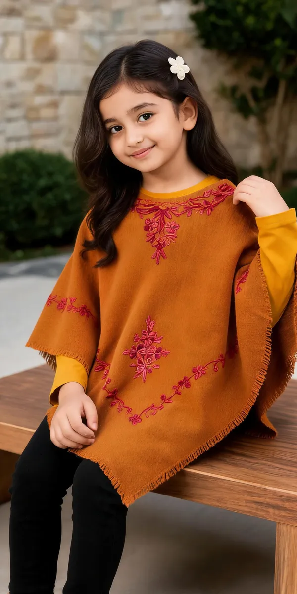 Green_&_Orange_Floral_Embroidered_Poncho_Set_For_Girls