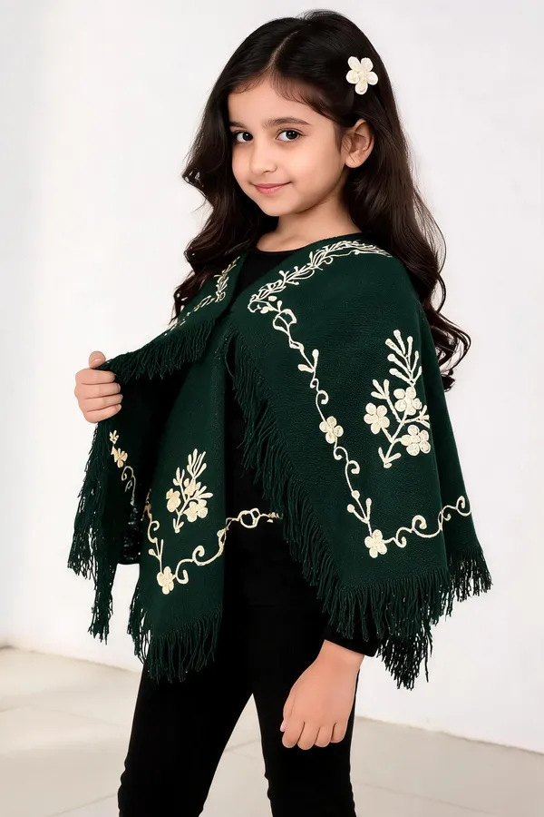 Green_&_Orange_Floral_Embroidered_Poncho_Set_For_Girls