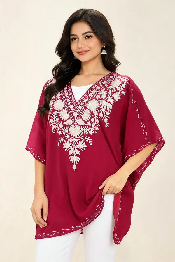 Magenta_&_Red_Floral_Embroidered_Kaftan_Set_For_Women
