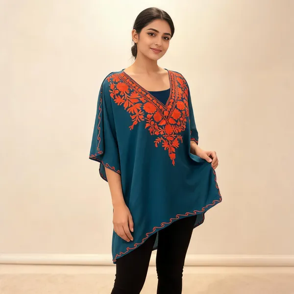 Teal_Floral_Embroidered_V_Neck_Kaftan_For_Women