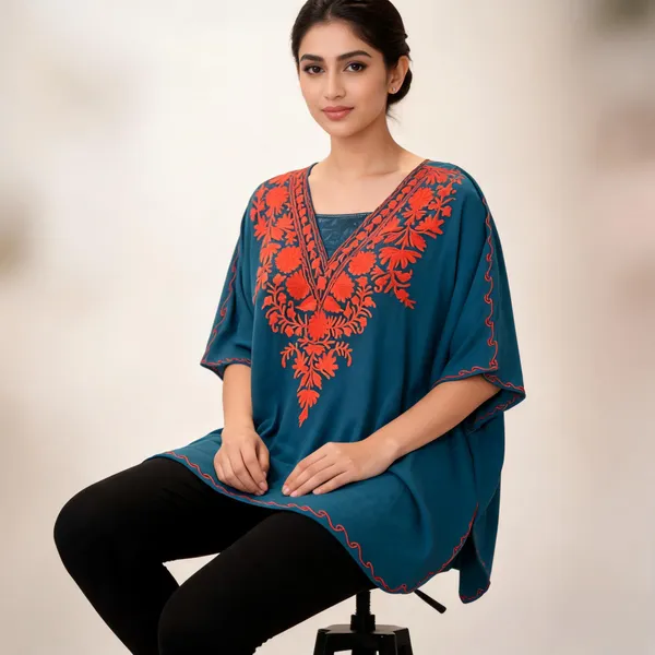 Teal_Floral_Embroidered_V_Neck_Kaftan_For_Women