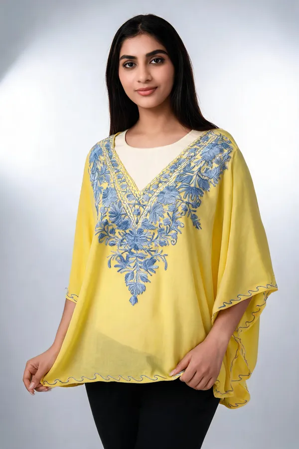 Yellow_Floral_Embroidered_V_Neck_Kaftan_For_Women