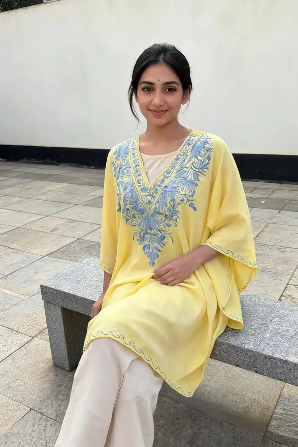 Yellow_Floral_Embroidered_V_Neck_Kaftan_For_Women