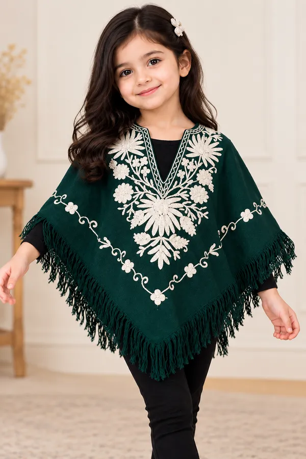 Green_Embroidered_Fringed_Poncho_for_Girls