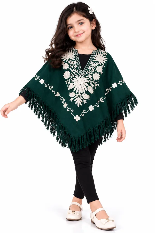 Green_Embroidered_Fringed_Poncho_for_Girls