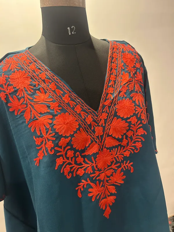 Teal_Embroidered_V-Neck_Kaftan_for_Women