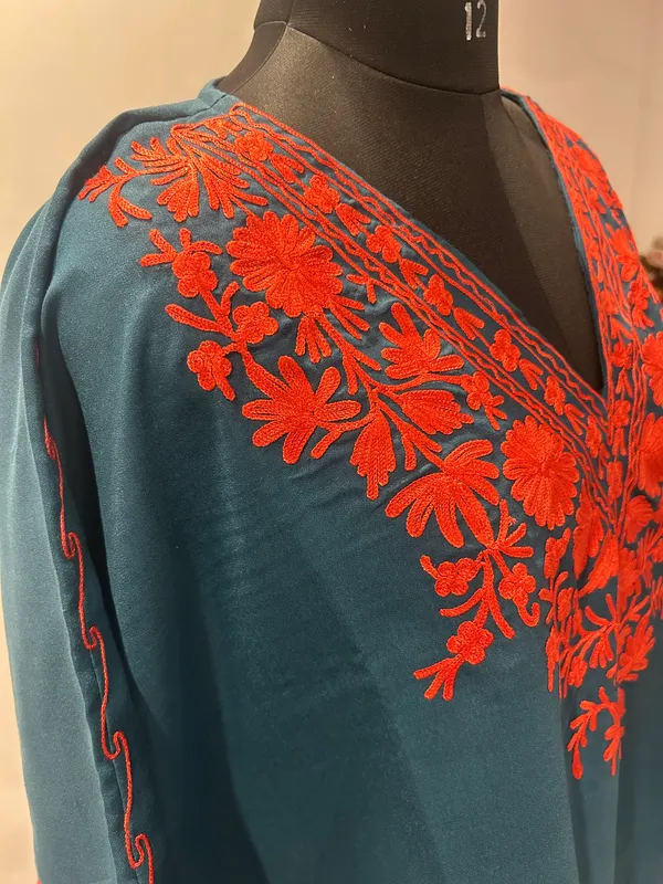 Teal_Embroidered_V-Neck_Kaftan_for_Women