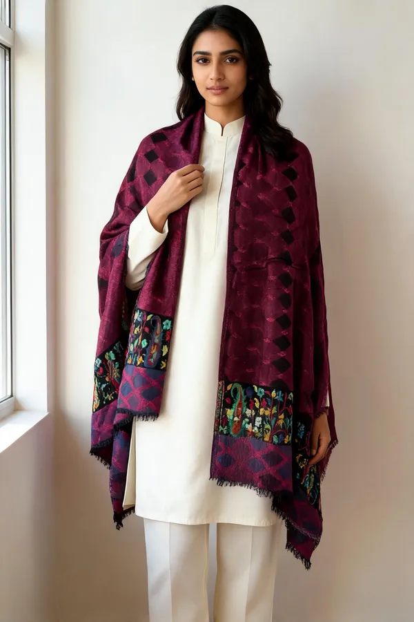 Burgundy_Woven_Geometric_Floral_Fringed_Shawl_For_Women