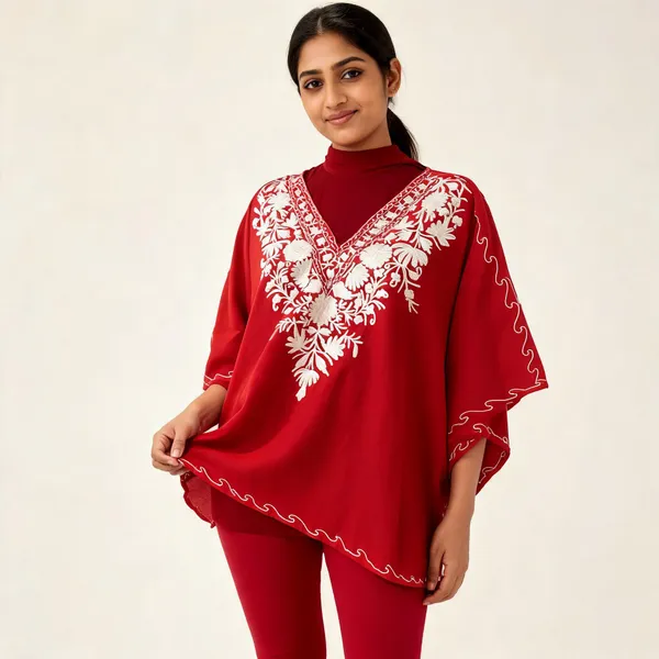 Red_Floral_Embroidered_Loose_Fit_Kaftan_For_Women