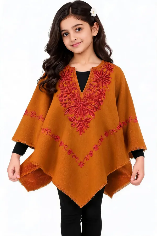 Orange_Woven_Floral_Embroidered_Poncho_For_Girls