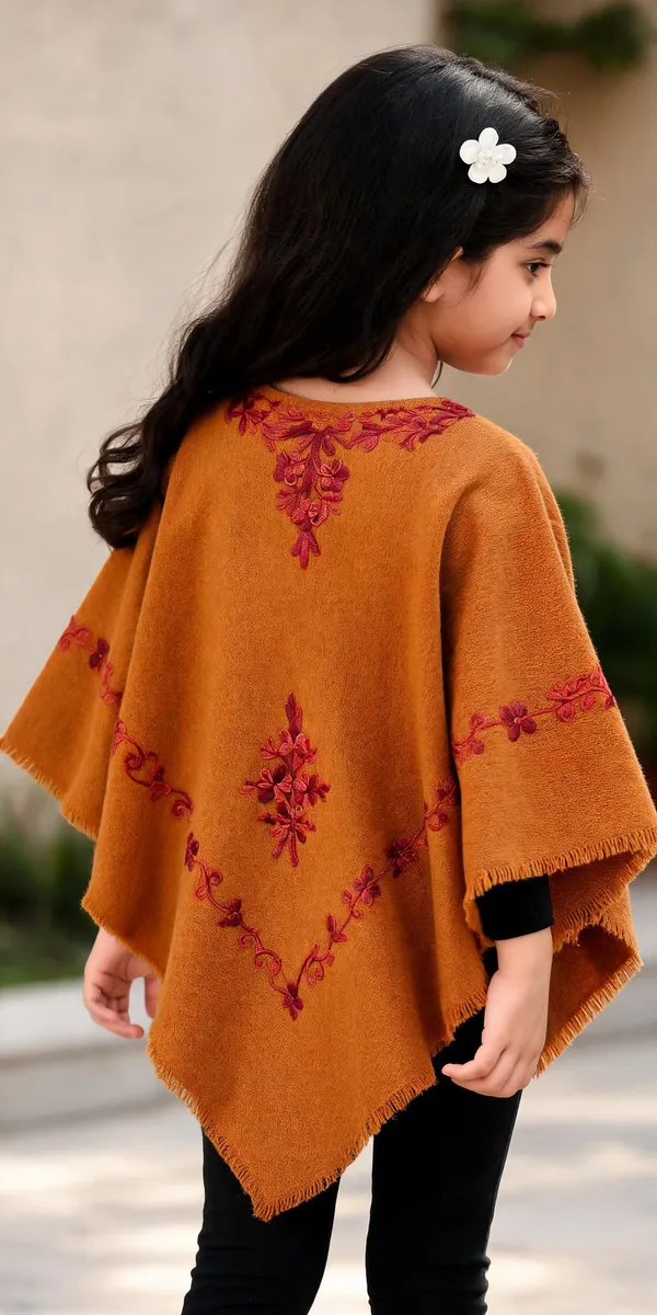 Orange_Woven_Floral_Embroidered_Poncho_For_Girls