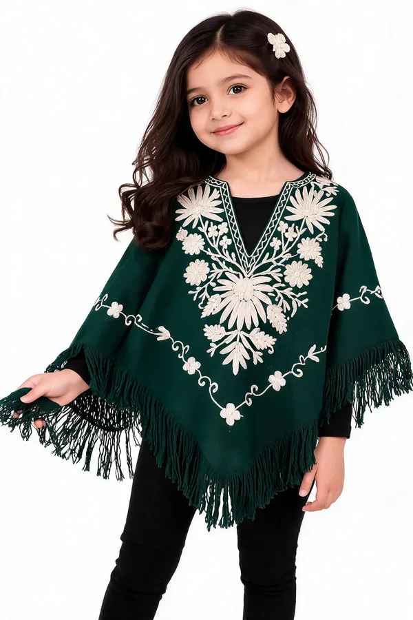 Green_Floral_Embroidered_Fringed_Cape_Poncho_For_Girls