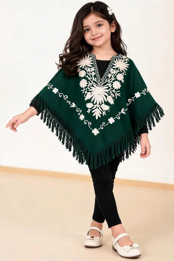 Green_Floral_Embroidered_Fringed_Cape_Poncho_For_Girls