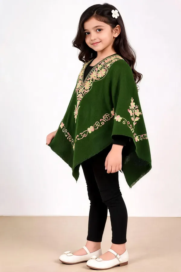 Green_Floral_Embroidered_Relaxed_Poncho_For_Girls