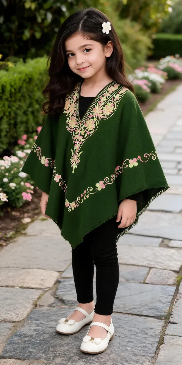 Green_Floral_Embroidered_Relaxed_Poncho_For_Girls