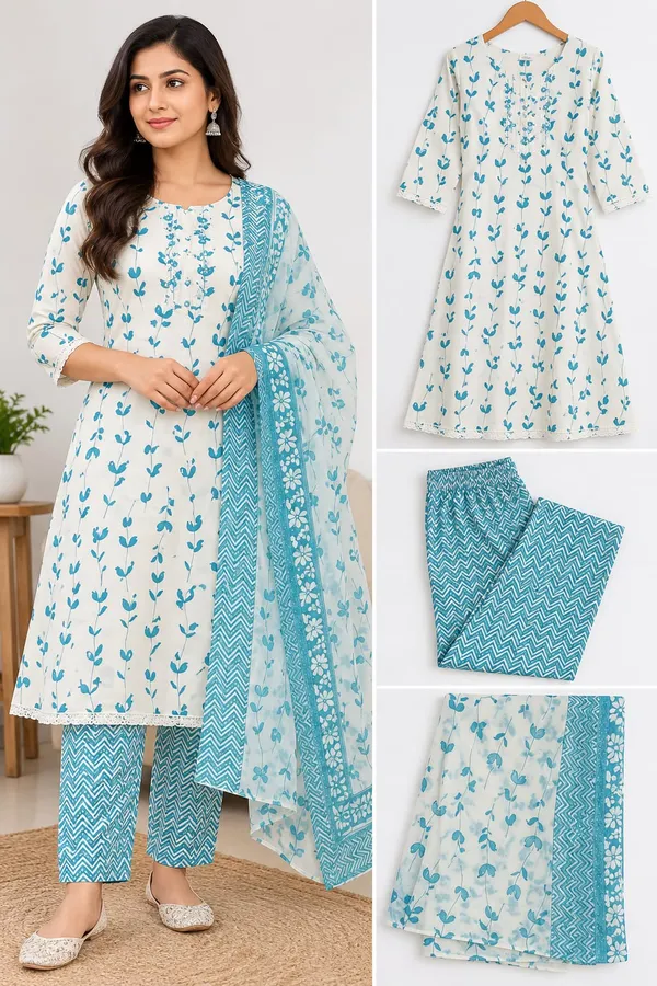 White_Blue_Floral_Printed_Straight_Kurta_Set_For_Women