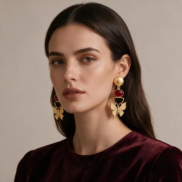 Gold_Red_Stone_Butterfly_Motif_Drop_Earrings_For_Women