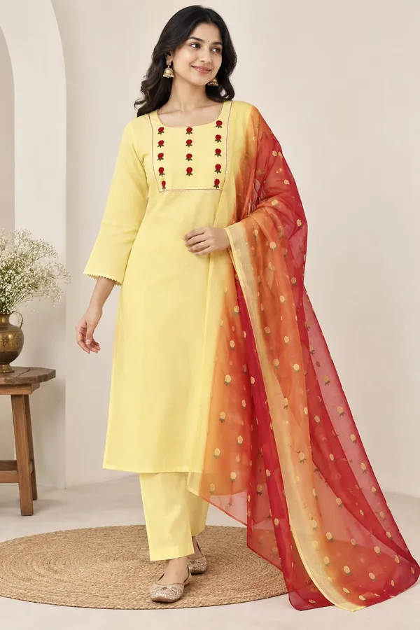 Yellow_Embroidered_Straight_Kurta_Set_For_Women
