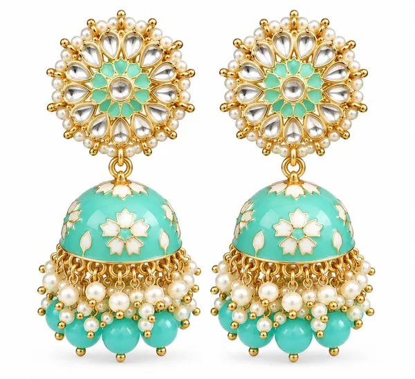 Turquoise_Gold_Tone_Floral_Pearl_Drop_Jhumka_Earrings_For_Women