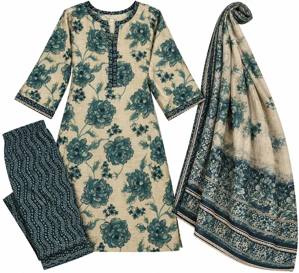 Beige_Floral_Print_Straight_Kurta_Set_For_Women