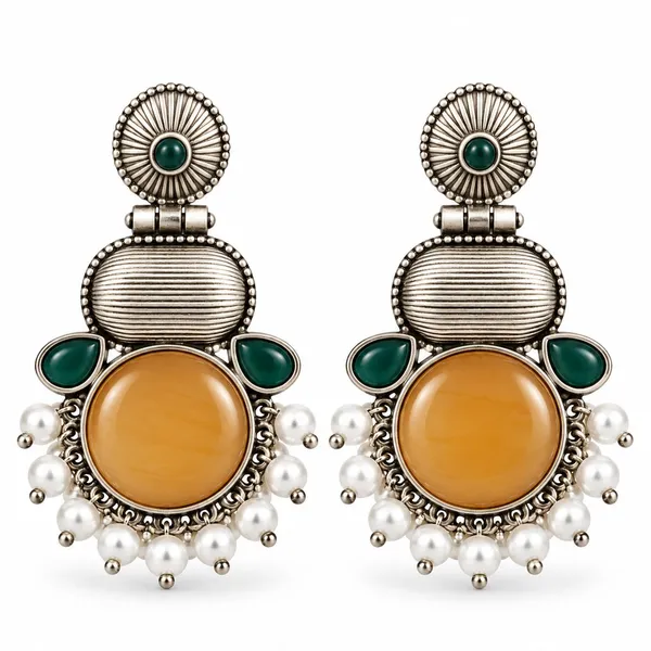 Silver_Oxidised_Green_Amber_Stone_Pearl_Drop_Earrings_For_Women