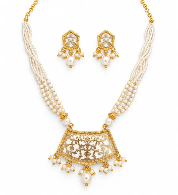Gold_White_Pearl_Beaded_Statement_Necklace_Earring_Set_For_Women