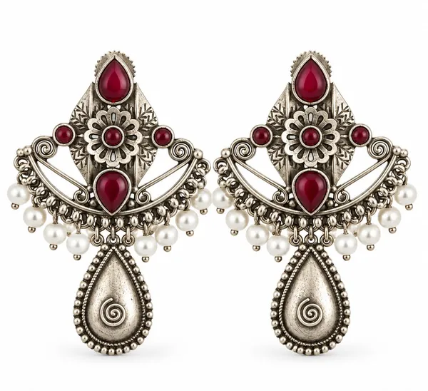 Oxidized_Silver_Red_Stone_Chandelier_Earrings_For_Women