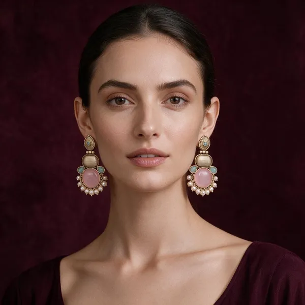 Gold_Pink_Turquoise_Stone_Pearl_Drop_Earrings_For_Women
