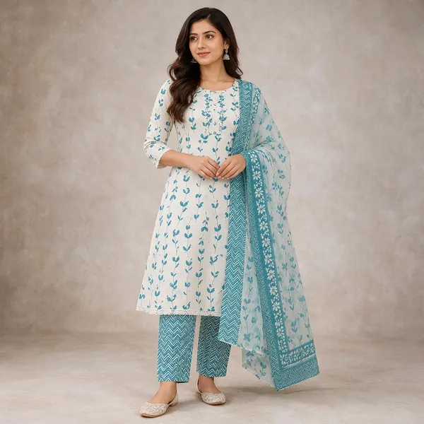 White_Blue_Floral_Printed_Straight_Kurta_Set_For_Women