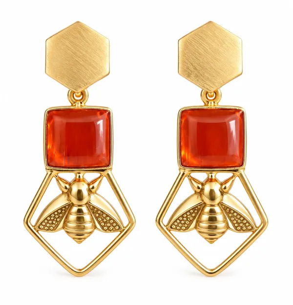 Gold_Tone_Bee_Motif_Hexagonal_Drop_Earrings_For_Women