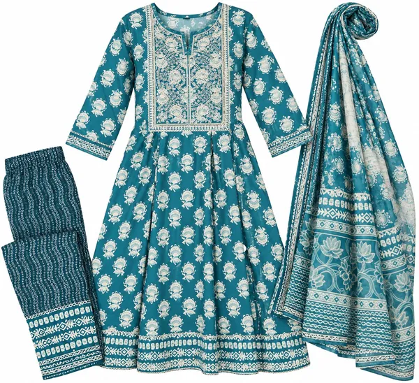 Teal_Floral_Printed_Flared_Anarkali_Suit_Set_For_Women