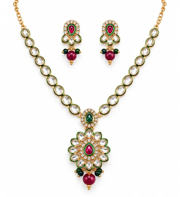 Gold_Tone_Kundan_Multicolor_Stone_Necklace_Earring_Set_For_Women