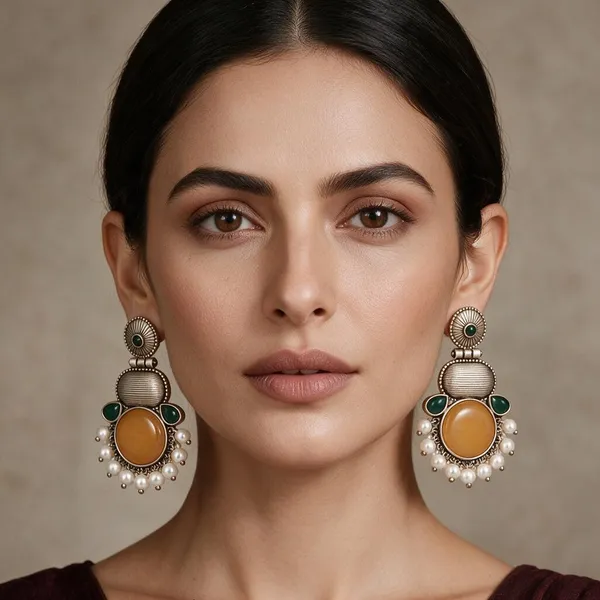 Silver_Oxidised_Green_Amber_Stone_Pearl_Drop_Earrings_For_Women