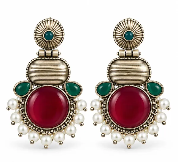 Oxidized_Silver_Multicolor_Stone_Pearl_Drop_Earrings_For_Women