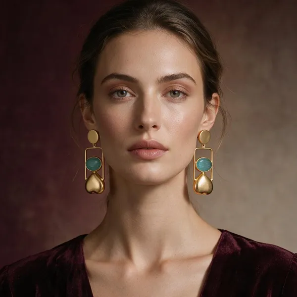 Gold_Tone_Aqua_Oval_Stone_Geometric_Drop_Earrings_For_Women