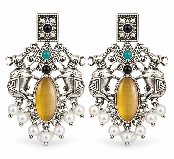 Silver_Oxidised_Elephant_Turquoise_Chandelier_Earrings_For_Women