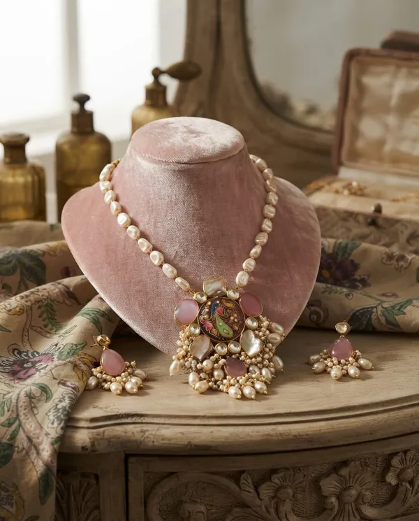 Pink_Pearl_Gold-Tone_Necklace_And_Earrings_Set_For_Women