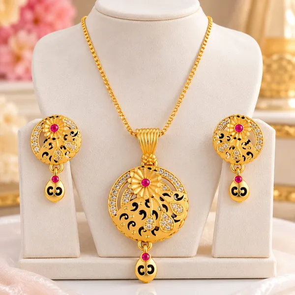 Gold-Tone_Red_Stone_Floral_Necklace_And_Earrings_Set_For_Women