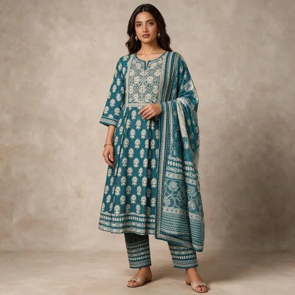 Teal_Floral_Printed_Flared_Anarkali_Suit_Set_For_Women