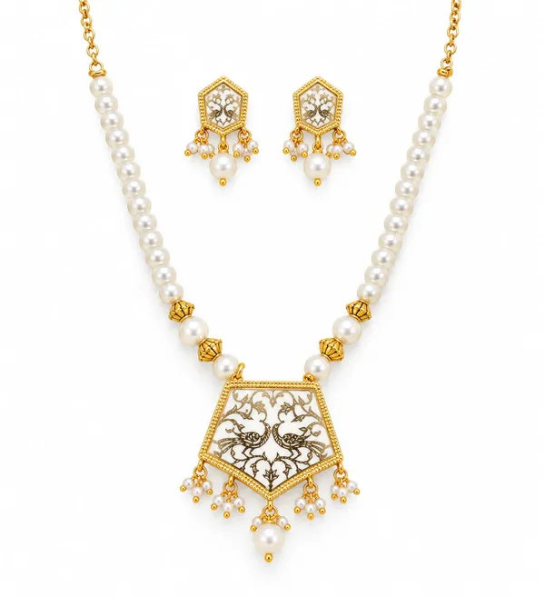 Gold_Tone_Pearl_Peacock_Necklace_And_Earrings_Set_For_Women