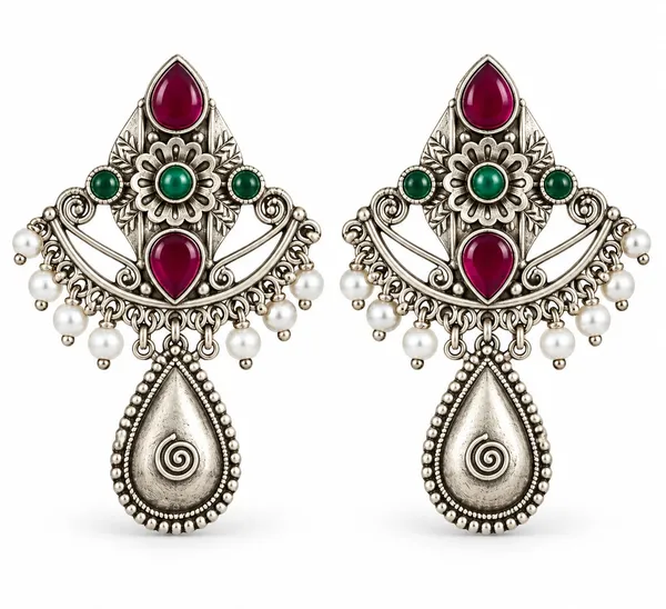 Silver_Oxidised_Maroon_Green_Stone_Drop_Earrings_For_Women
