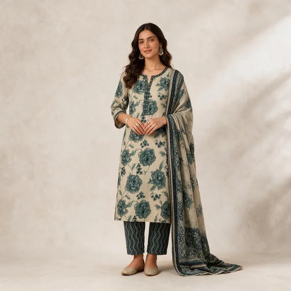 Beige_Floral_Print_Straight_Kurta_Set_For_Women