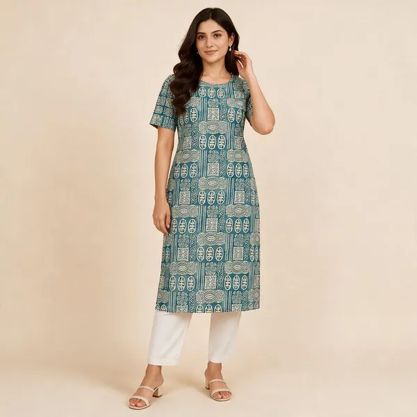Teal_Printed_Straight_KurtI_For_Women