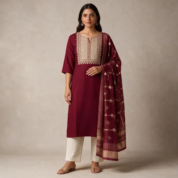 Maroon_Embroidered_Straight_Kurta_Set_For_Women