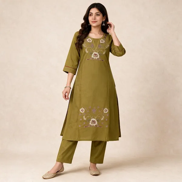 Olive_Green_Embroidered_Straight_Kurta_Set_For_Women