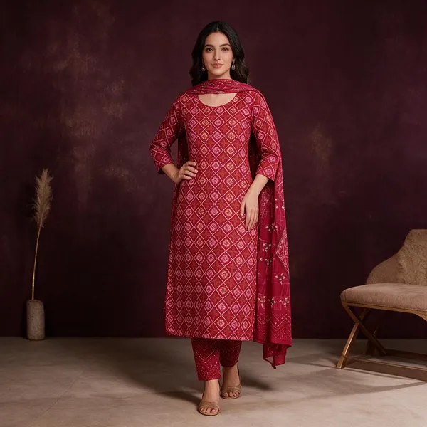 Red_Geometric_Printed_Straight_Kurta_Set_For_Women