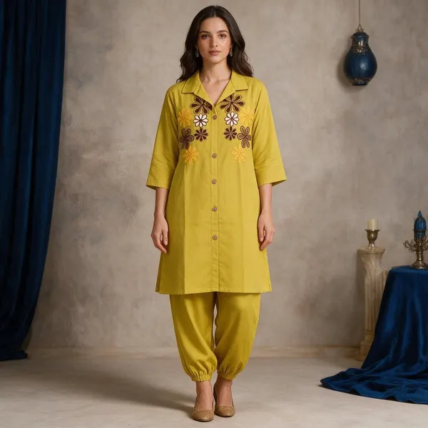 Yellow_Floral_Embroidered_Relaxed_Fit_Co_Ord_Set_For_Girls