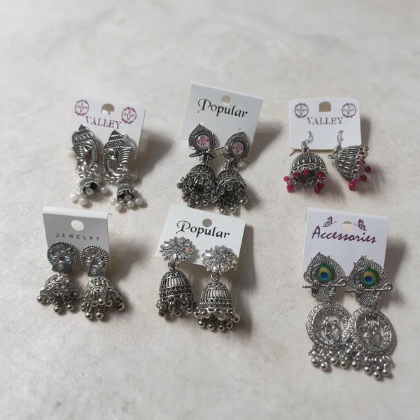Silver_Oxidised_Peacock_Motif_Jhumka_Earrings_Set_For_Women_Pack_Of_6